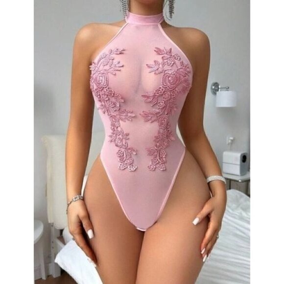 Baby Pink Sexy Floral Embroidered Teddy Lingerie - Picture 2 of 5